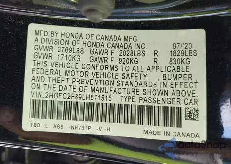 2020 Honda Civic Sport из США, поврежденный, VIN 2HGFC2F89LH571515